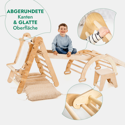 Klettergerüst: Kletterdreieck, Kletterbogen mit Kissen, Rutsche, Kletternetz, Maltafel, Kinderstuhl – Beige