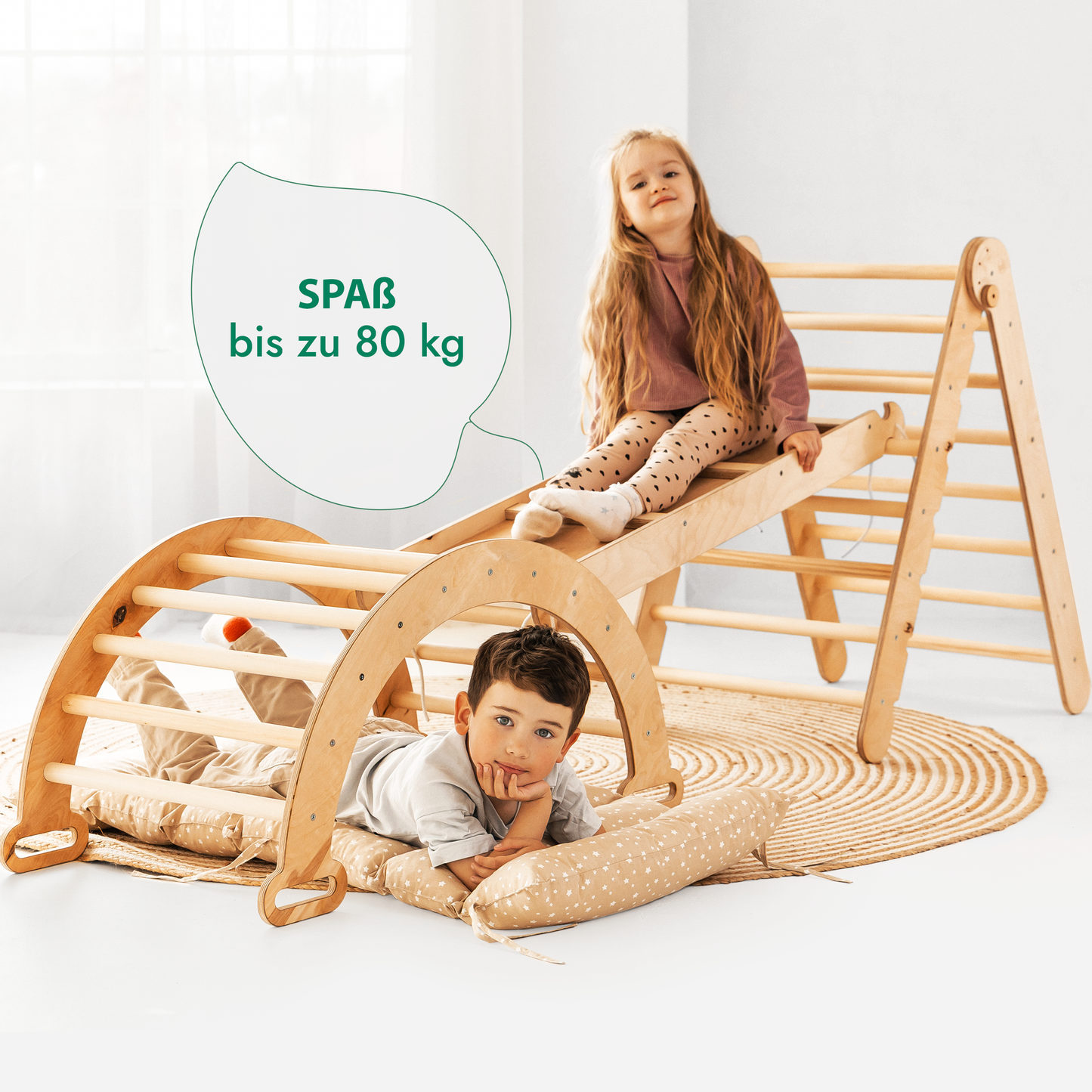 4in1 Kletterset: Klettergerüst, Kletterdreieck mit Rutsche, Kletterbogen mit Kissen – Beige