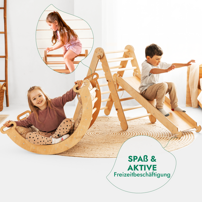 4in1 Kletterset: Klettergerüst, Kletterdreieck mit Rutsche, Kletterbogen mit Kissen – Beige
