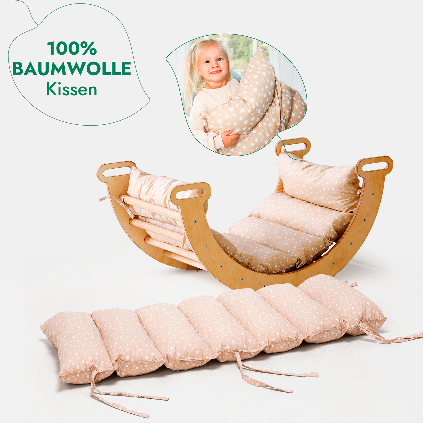 4in1 Kletterset: Klettergerüst, Kletterdreieck mit Rutsche, Kletterbogen mit Kissen – Beige