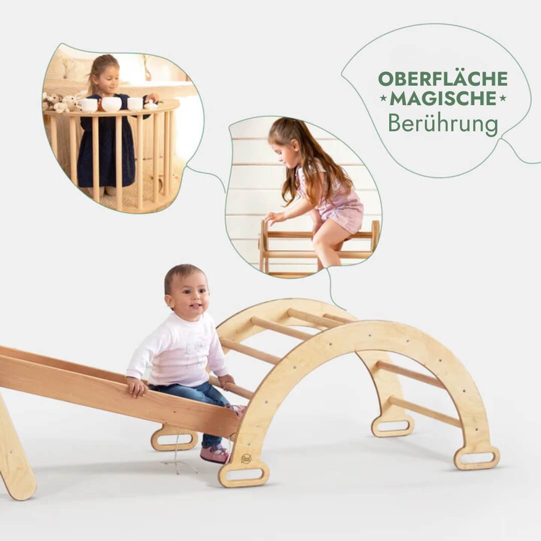 4in1 Klettergerüst Set: Kletterdreieck mit Rutsche, Kletterbogen, Kletternetz, für Kinder – Beige
