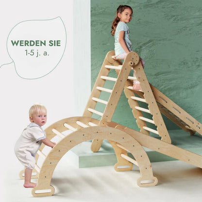 4in1 Klettergerüst Set: Kletterdreieck mit Rutsche, Kletterbogen, Kletternetz, für Kinder – Beige