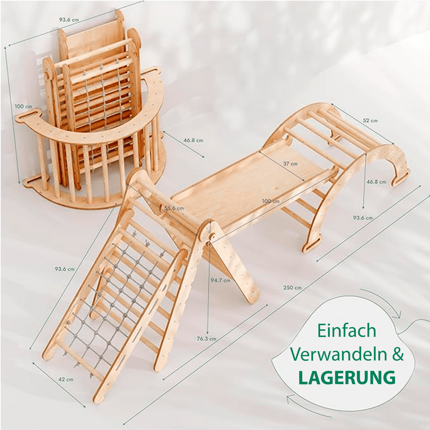 4in1 Klettergerüst Set: Kletterdreieck mit Rutsche, Kletterbogen, Kletternetz, für Kinder – Beige