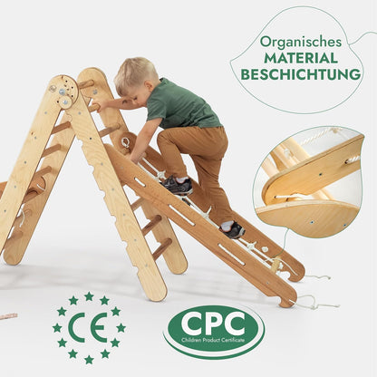 4in1 Klettergerüst Set: Kletterdreieck mit Rutsche, Kletterbogen, Kletternetz, für Kinder – Beige