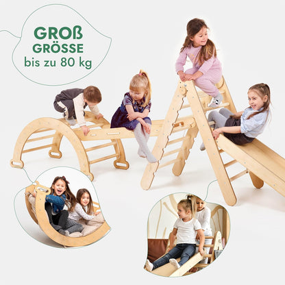 Klettergerüst: Kletterdreieck mit Rutsche, Kletterbogen und Kletternetz für Kinder – Beige
