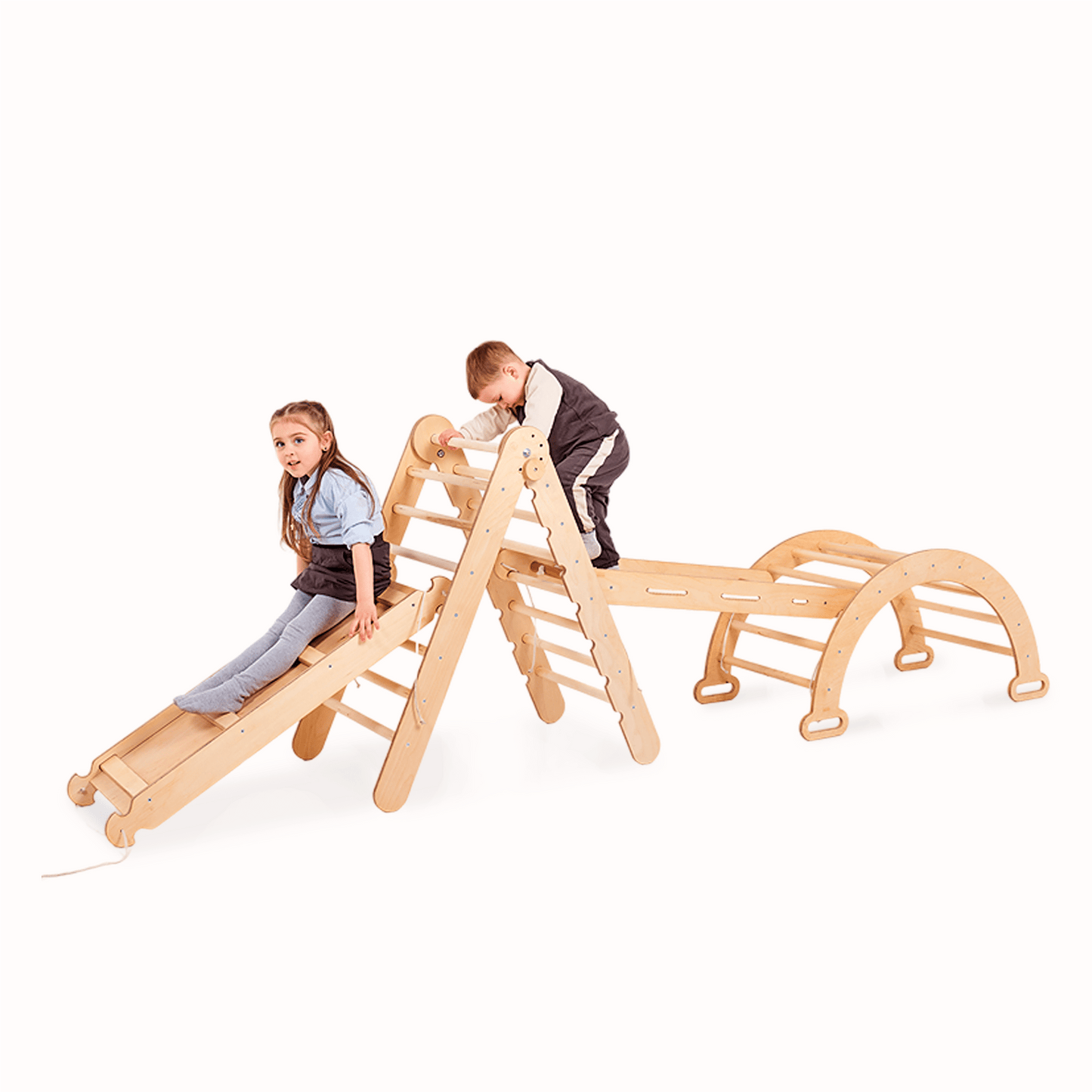 4in1 Klettergerüst Set: Kletterdreieck mit Rutsche, Kletterbogen, Kletternetz, für Kinder – Beige