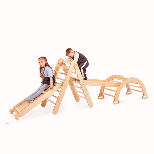 4in1 Klettergerüst Set: Kletterdreieck mit Rutsche, Kletterbogen, Kletternetz, für Kinder – Beige