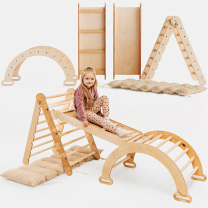 4in1 Kletterset: Klettergerüst, Kletterdreieck mit Rutsche, Kletterbogen mit Kissen – Beige