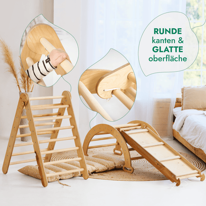 4in1 Kletterset: Klettergerüst, Kletterdreieck mit Rutsche, Kletterbogen mit Kissen – Beige