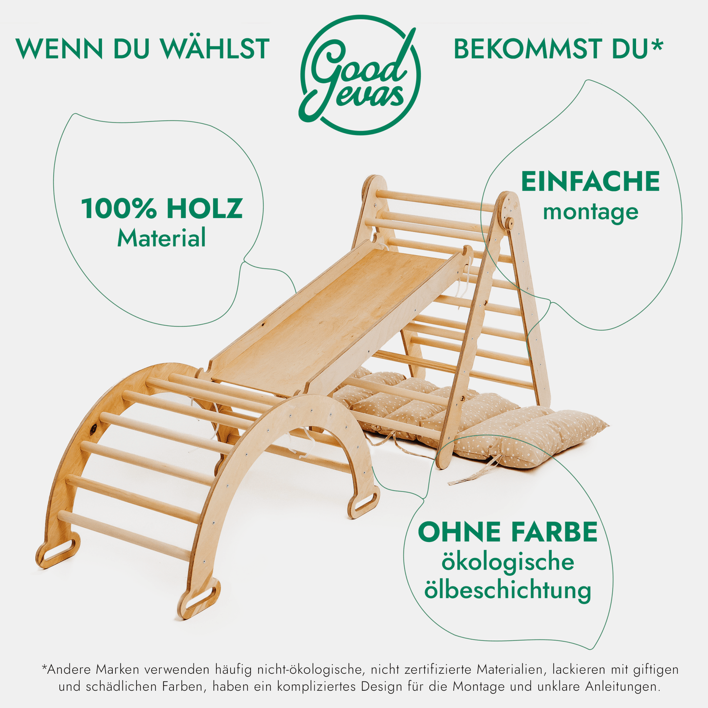 4in1 Kletterset: Klettergerüst, Kletterdreieck mit Rutsche, Kletterbogen mit Kissen – Beige