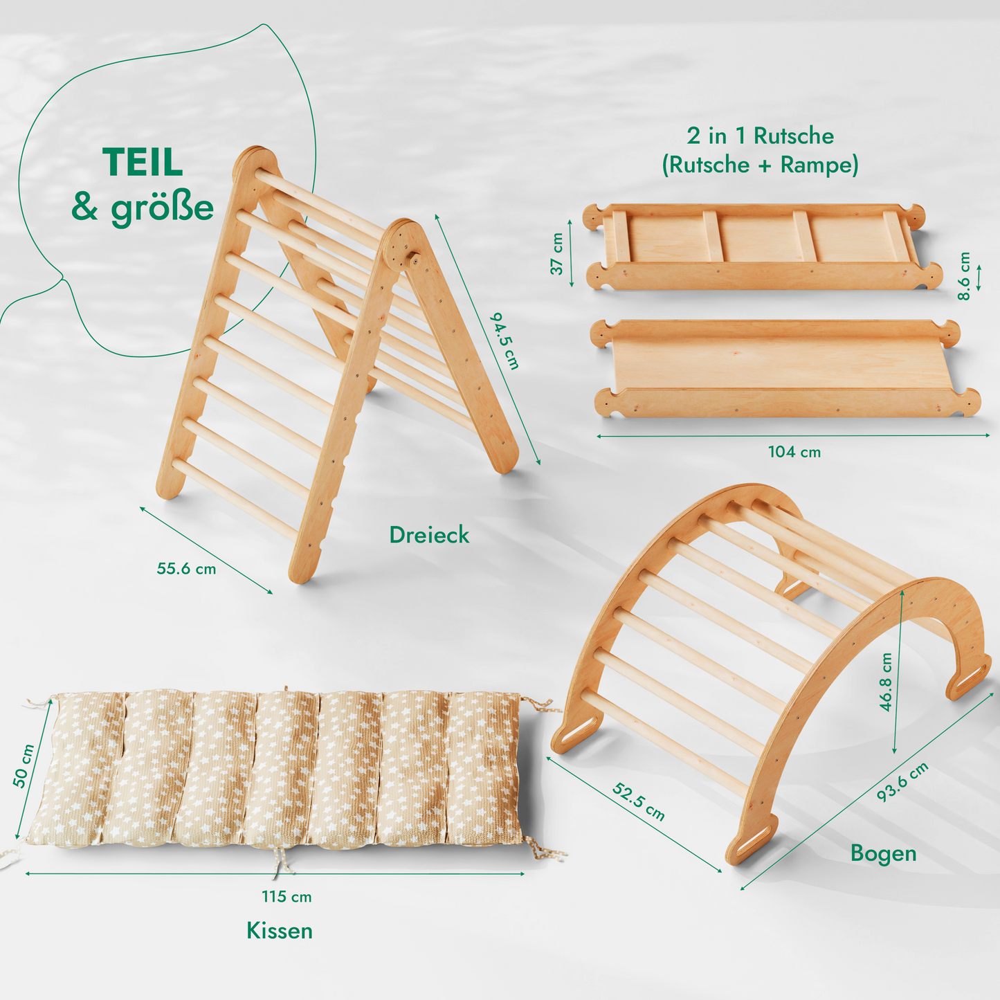 4in1 Kletterset: Klettergerüst, Kletterdreieck mit Rutsche, Kletterbogen mit Kissen – Beige