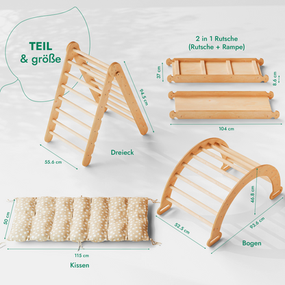 4in1 Kletterset: Klettergerüst, Kletterdreieck mit Rutsche, Kletterbogen mit Kissen – Beige