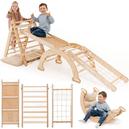 Klettergerüst: Kletterdreieck mit Rutsche, Kletterbogen und Kletternetz für Kinder – Beige
