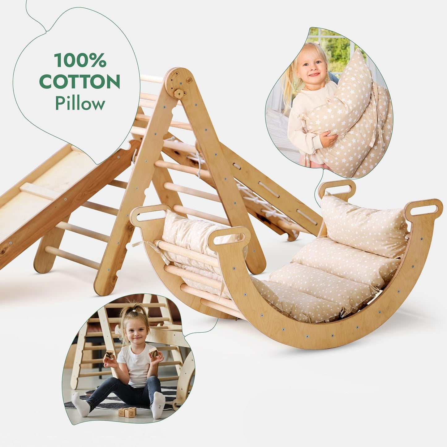 Klettergerüst: Kletterdreieck mit Rutsche, Kletterbogen und Kletternetz für Kinder – Beige