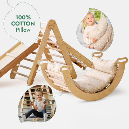 Klettergerüst: Kletterdreieck mit Rutsche, Kletterbogen und Kletternetz für Kinder – Beige