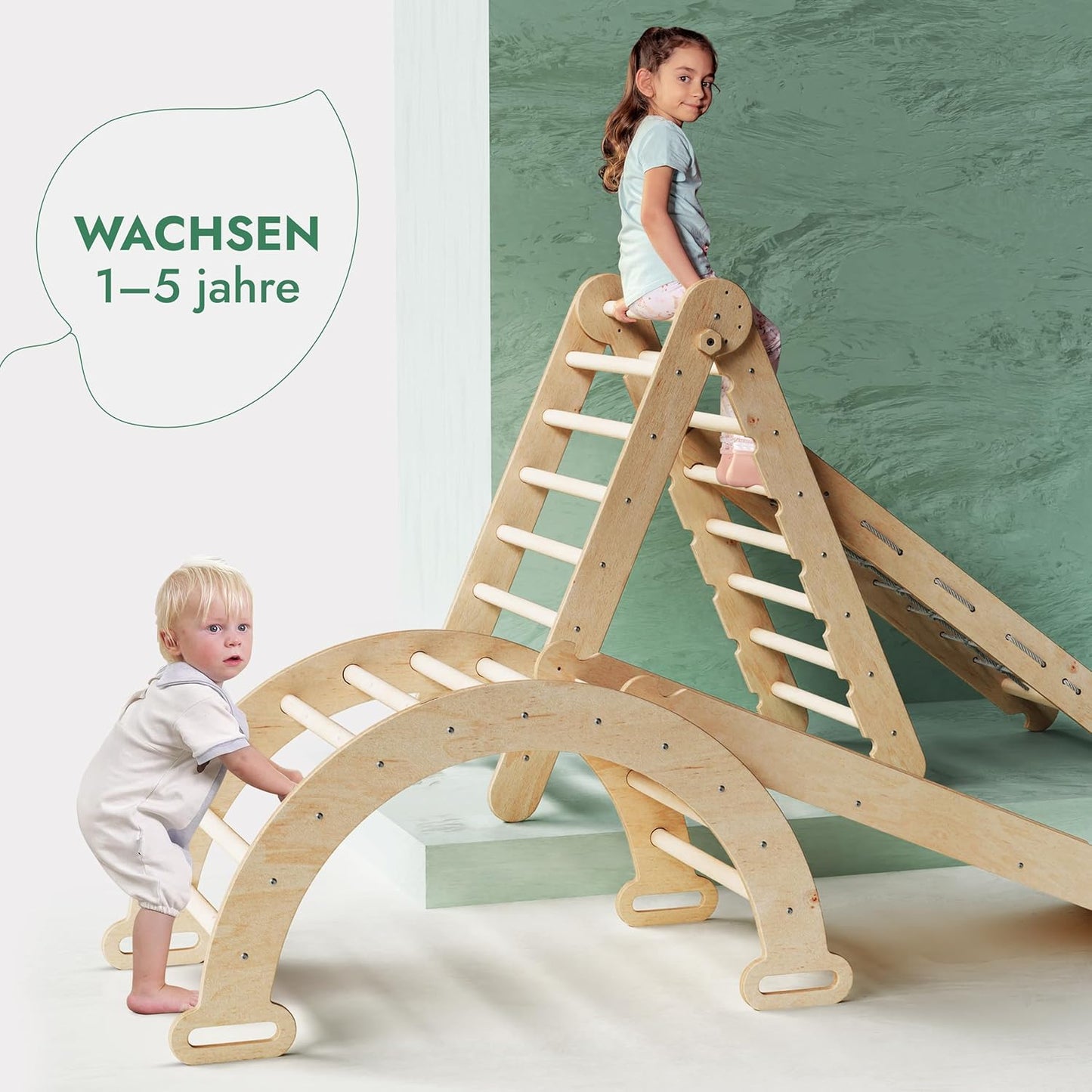 Klettergerüst: Kletterdreieck mit Rutsche, Kletterbogen und Kletternetz für Kinder – Beige