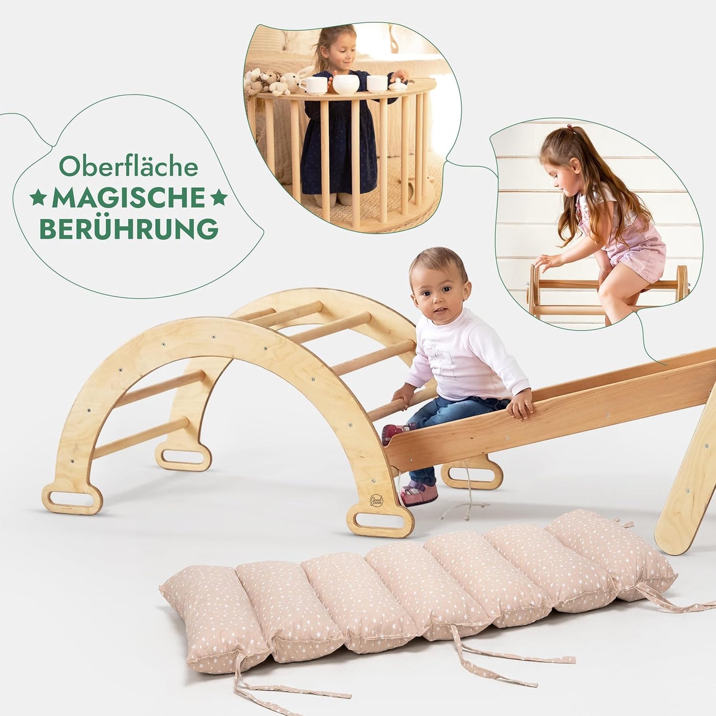 Klettergerüst: Kletterdreieck mit Rutsche, Kletterbogen und Kletternetz für Kinder – Beige