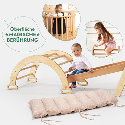 Klettergerüst: Kletterdreieck mit Rutsche, Kletterbogen und Kletternetz für Kinder – Beige