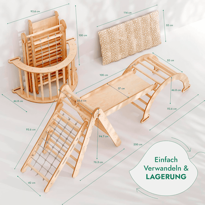Klettergerüst: Kletterdreieck mit Rutsche, Kletterbogen und Kletternetz für Kinder – Beige