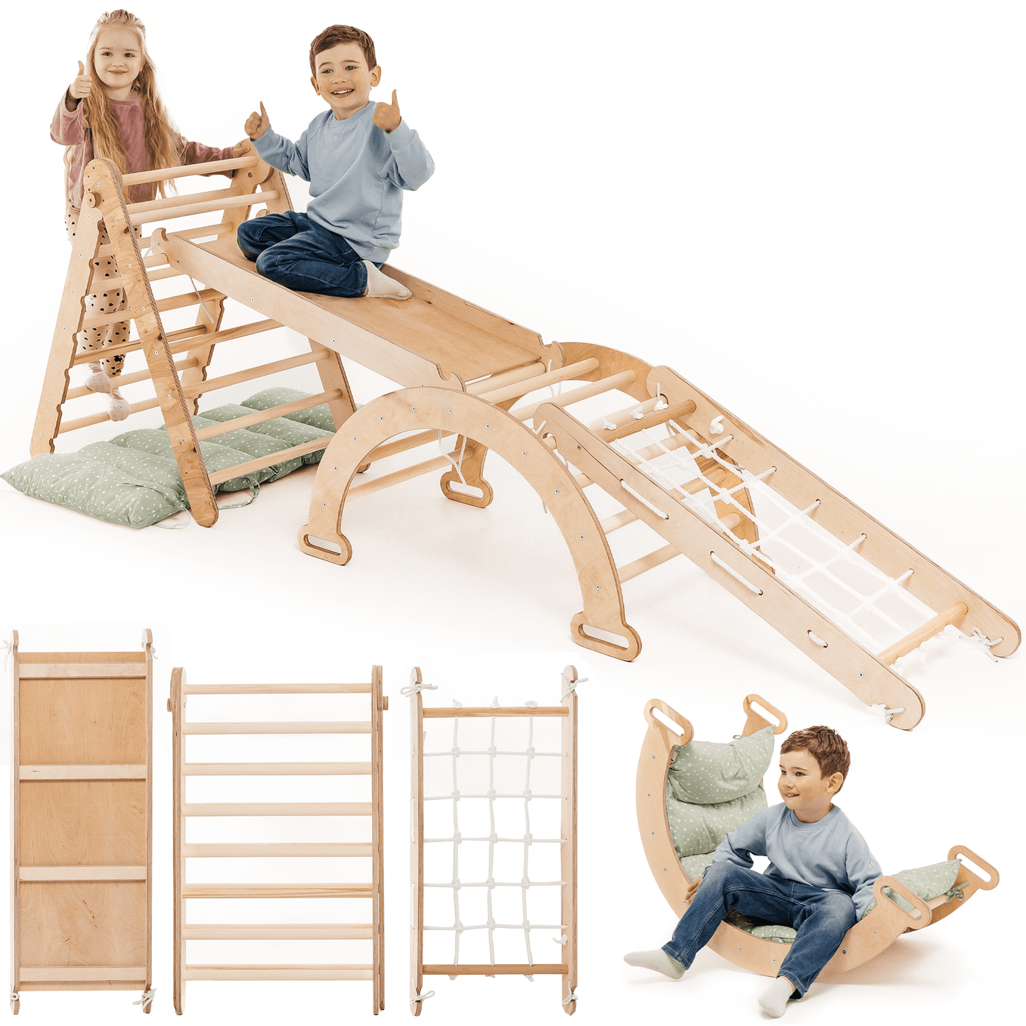 Klettergerüst: Kletterdreieck mit Rutsche, Kletterbogen und Kletternetz für Kinder – Beige