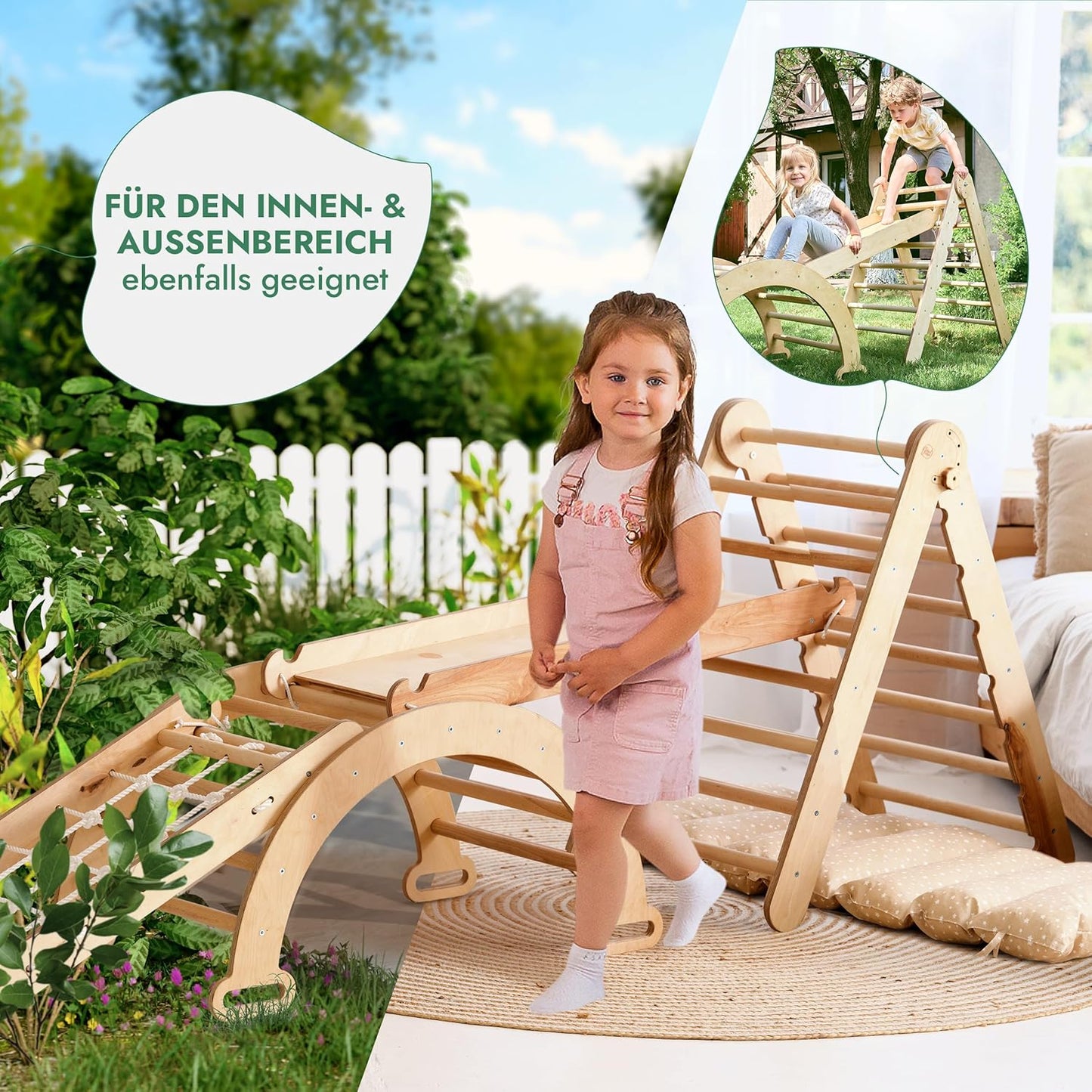 Klettergerüst: Kletterdreieck mit Rutsche, Kletterbogen und Kletternetz für Kinder – Beige