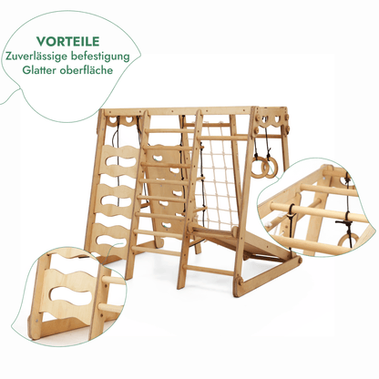 Indoor Spielplatz: Klettergerüst aus Holz mit Schaukel, Rutsche, Seil, Treppe