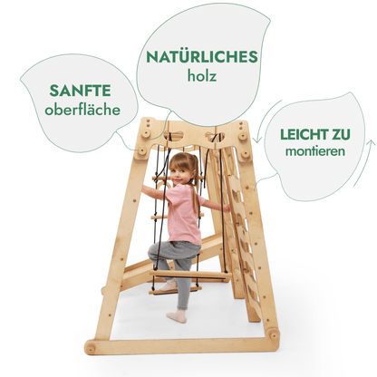 Indoor Spielplatz: Klettergerüst aus Holz mit Schaukel, Rutsche, Seil, Treppe