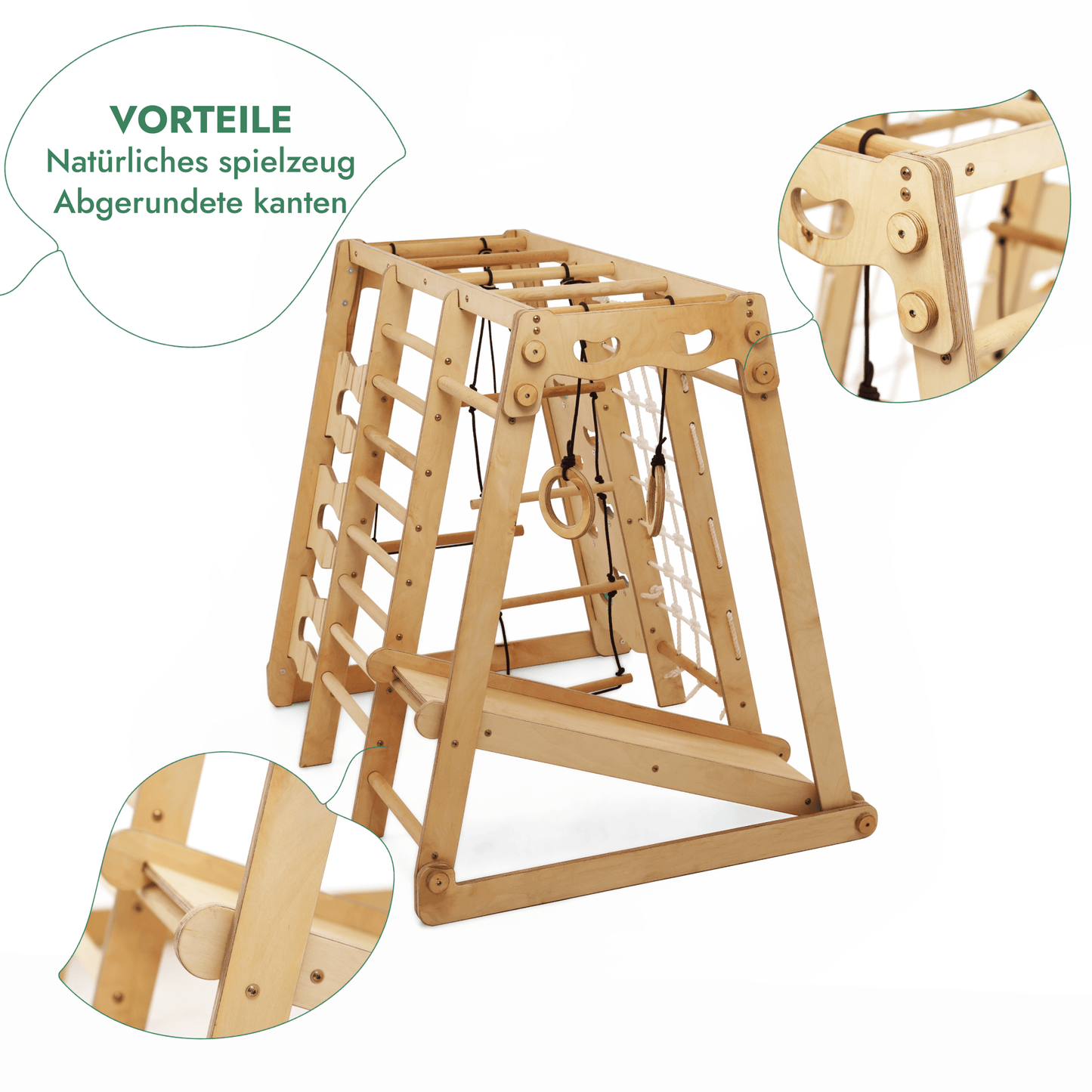 Indoor Spielplatz: Klettergerüst aus Holz mit Schaukel, Rutsche, Seil, Treppe