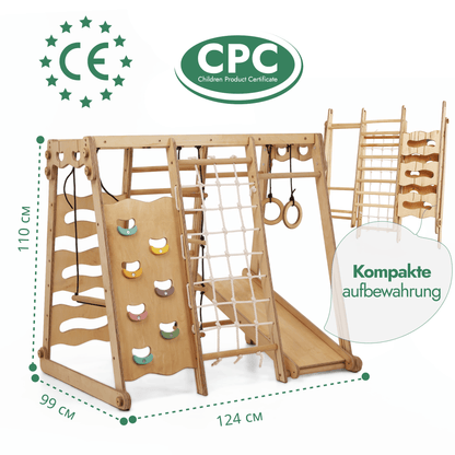 Indoor Spielplatz: Klettergerüst aus Holz mit Schaukel, Rutsche, Seil, Treppe