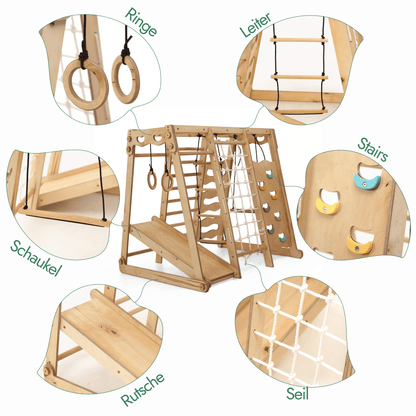 Indoor Spielplatz: Klettergerüst aus Holz mit Schaukel, Rutsche, Seil, Treppe