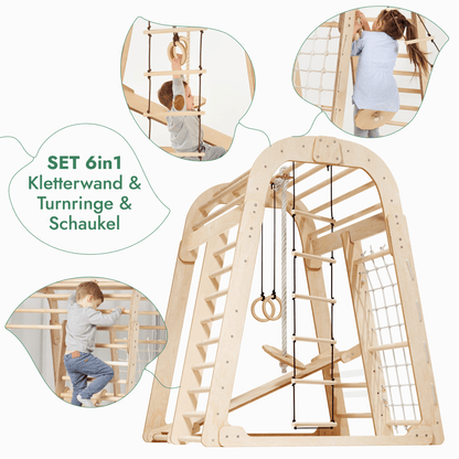 Indoor Spielplatz: Klettergerüst mit Kletternetz, Rutsche, Gymnastikringe, Disc-Schaukel aus Holz