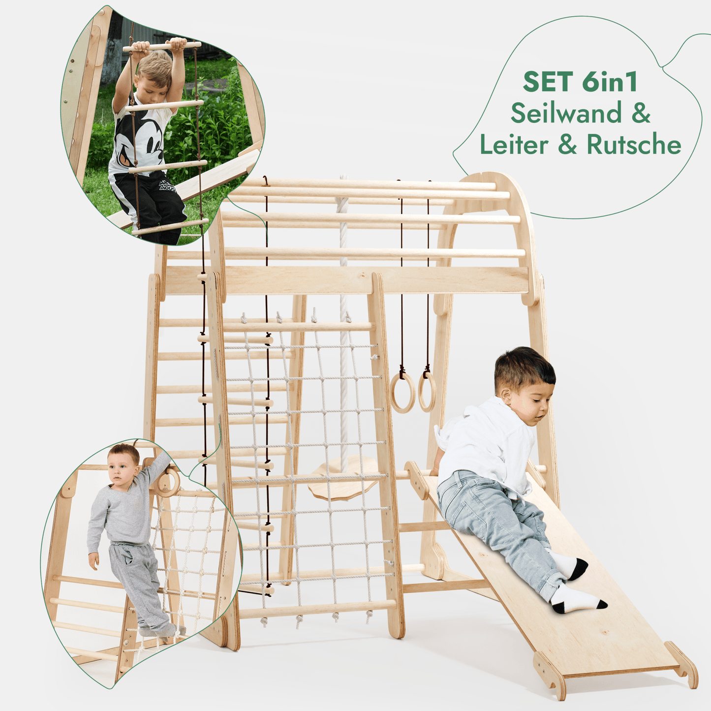 Indoor Spielplatz: Klettergerüst mit Kletternetz, Rutsche, Gymnastikringe, Disc-Schaukel aus Holz