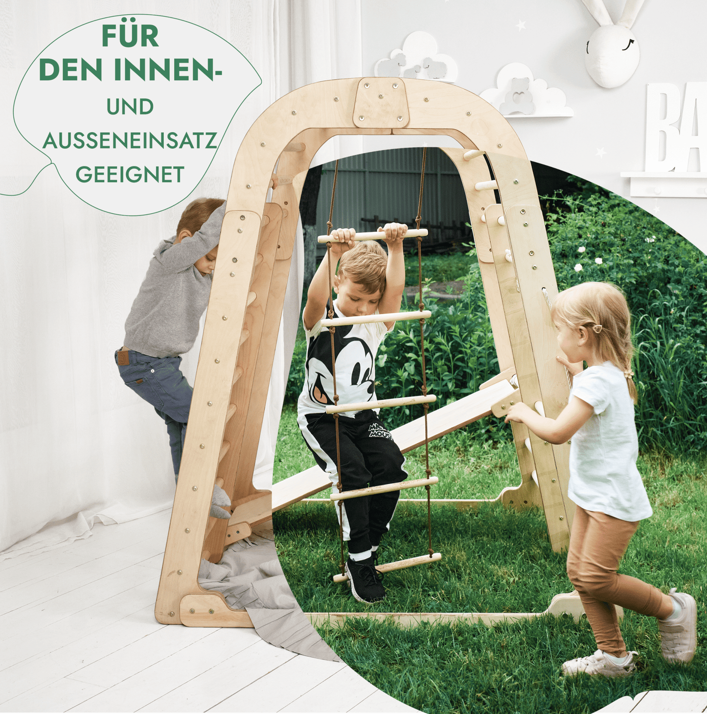 Indoor Spielplatz: Klettergerüst mit Kletternetz, Rutsche, Gymnastikringe, Disc-Schaukel aus Holz