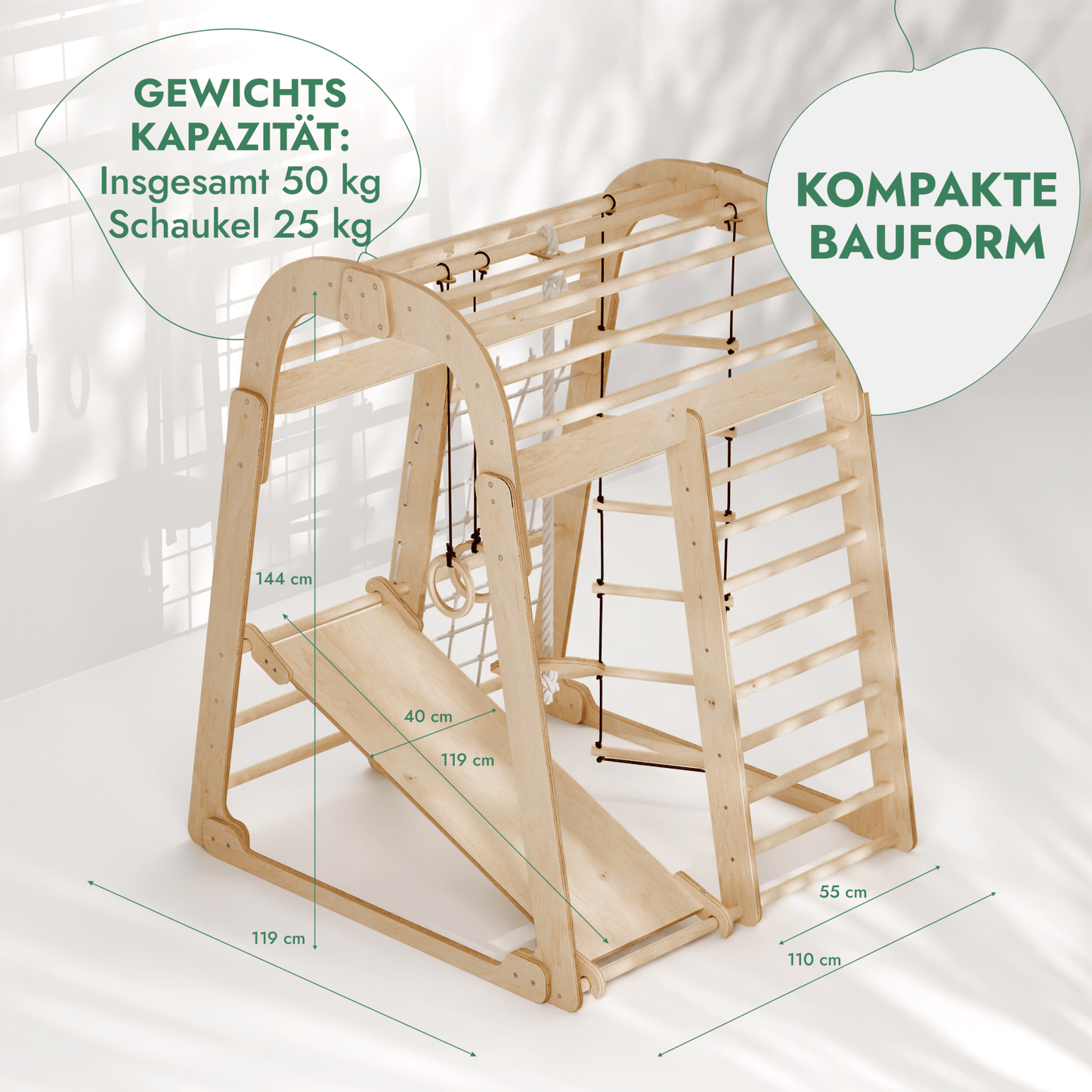 Indoor Spielplatz: Klettergerüst mit Kletternetz, Rutsche, Gymnastikringe, Disc-Schaukel aus Holz