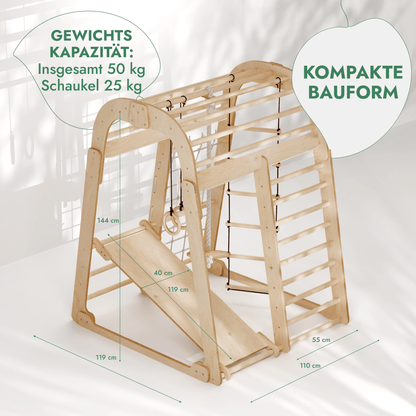 Indoor Spielplatz: Klettergerüst mit Kletternetz, Rutsche, Gymnastikringe, Disc-Schaukel aus Holz