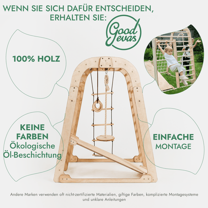 Indoor Spielplatz: Klettergerüst mit Kletternetz, Rutsche, Gymnastikringe, Disc-Schaukel aus Holz