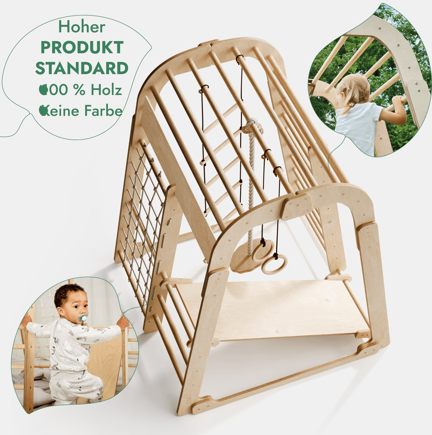 Indoor Spielplatz: Klettergerüst mit Kletternetz, Rutsche, Gymnastikringe, Disc-Schaukel aus Holz