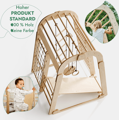Indoor Spielplatz: Klettergerüst mit Kletternetz, Rutsche, Gymnastikringe, Disc-Schaukel aus Holz