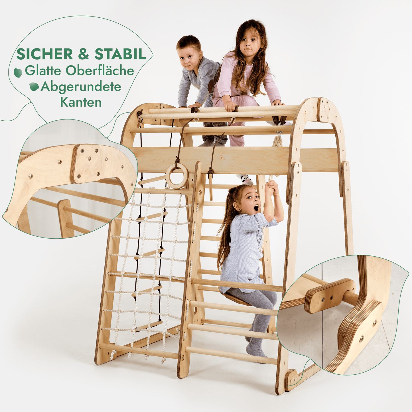Indoor Spielplatz: Klettergerüst mit Kletternetz, Rutsche, Gymnastikringe, Disc-Schaukel aus Holz