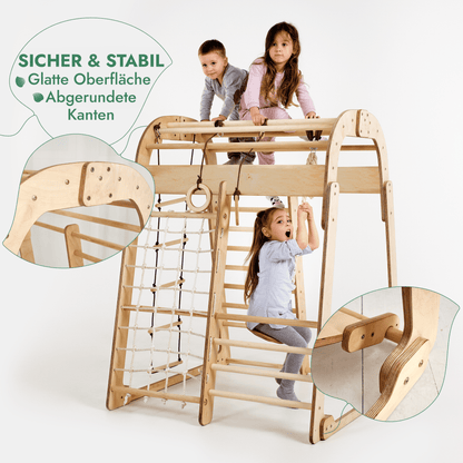 Indoor Spielplatz: Klettergerüst mit Kletternetz, Rutsche, Gymnastikringe, Disc-Schaukel aus Holz
