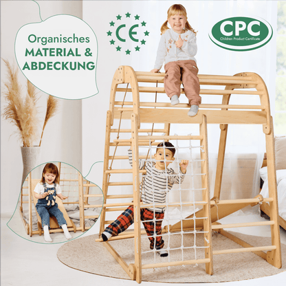 Indoor Spielplatz: Klettergerüst mit Kletternetz, Rutsche, Gymnastikringe, Disc-Schaukel aus Holz