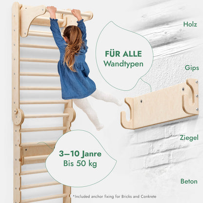 Kletterwand: Sprossenwand, Gymnastikringe, Hängende Leiter, Disc-Schaukel, Rutsche