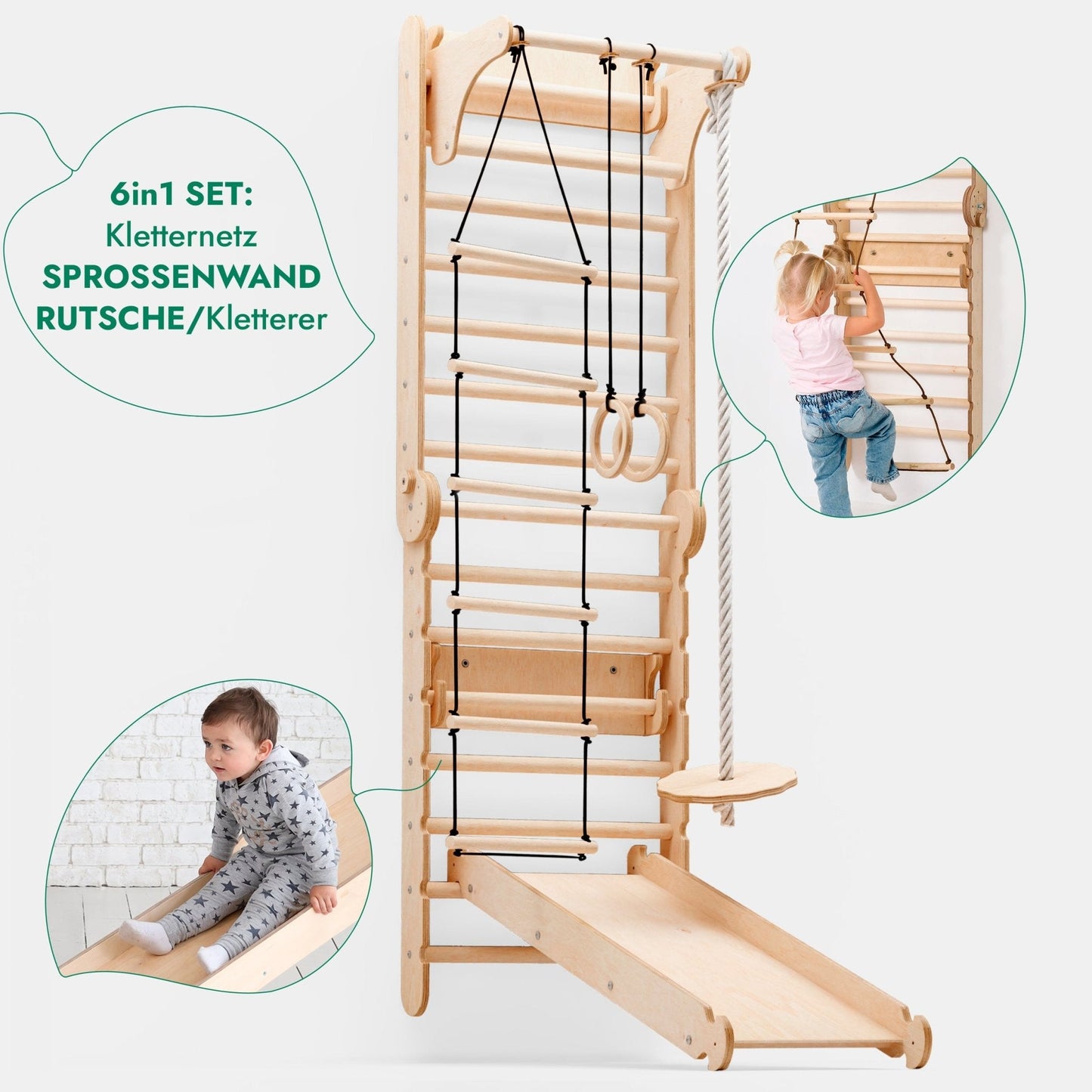 Kletterwand: Sprossenwand, Gymnastikringe, Hängende Leiter, Disc-Schaukel, Rutsche