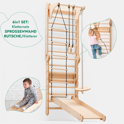 Kletterwand: Sprossenwand, Gymnastikringe, Hängende Leiter, Disc-Schaukel, Rutsche