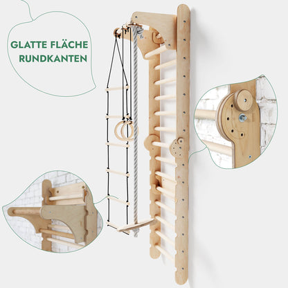 Kletterwand: Sprossenwand, Gymnastikringe, Hängende Leiter, Disc-Schaukel, Rutsche