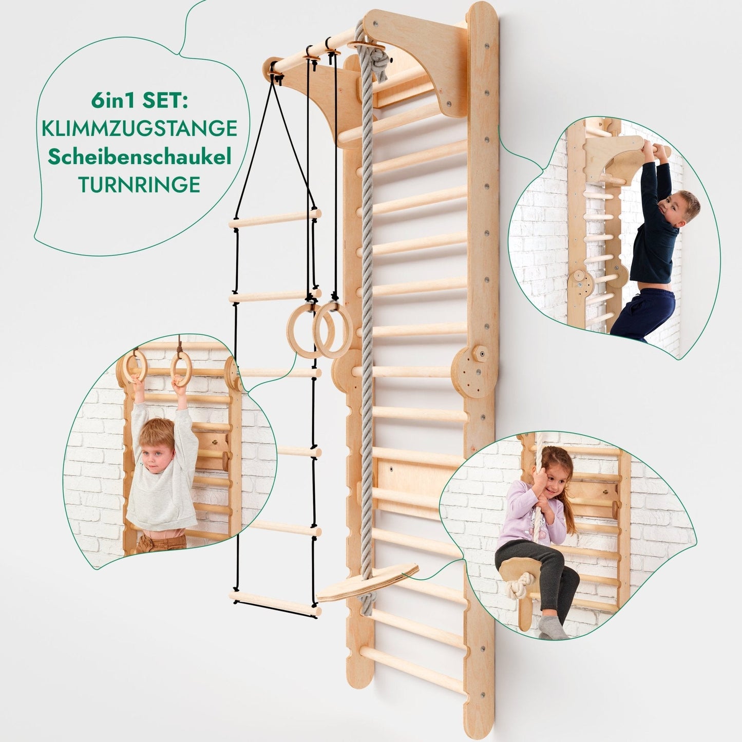 Kletterwand: Sprossenwand, Gymnastikringe, Hängende Leiter, Disc-Schaukel, Rutsche