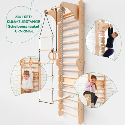 Kletterwand: Sprossenwand, Gymnastikringe, Hängende Leiter, Disc-Schaukel, Rutsche