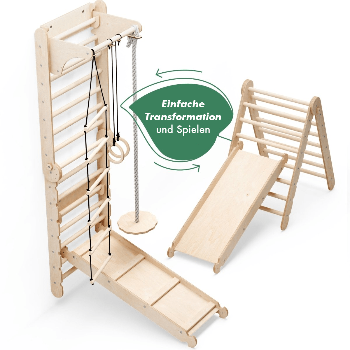 Kletterwand: Sprossenwand, Gymnastikringe, Hängende Leiter, Disc-Schaukel, Rutsche