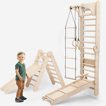Kletterwand: Sprossenwand, Gymnastikringe, Hängende Leiter, Disc-Schaukel, Rutsche