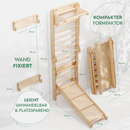 Kletterwand: Sprossenwand, Gymnastikringe, Hängende Leiter, Disc-Schaukel, Rutsche